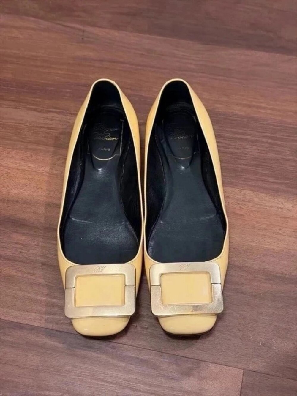 Authentic Roger Vivier Yellow Patent Leather Ballet Flats with Buckle, Size 6.5